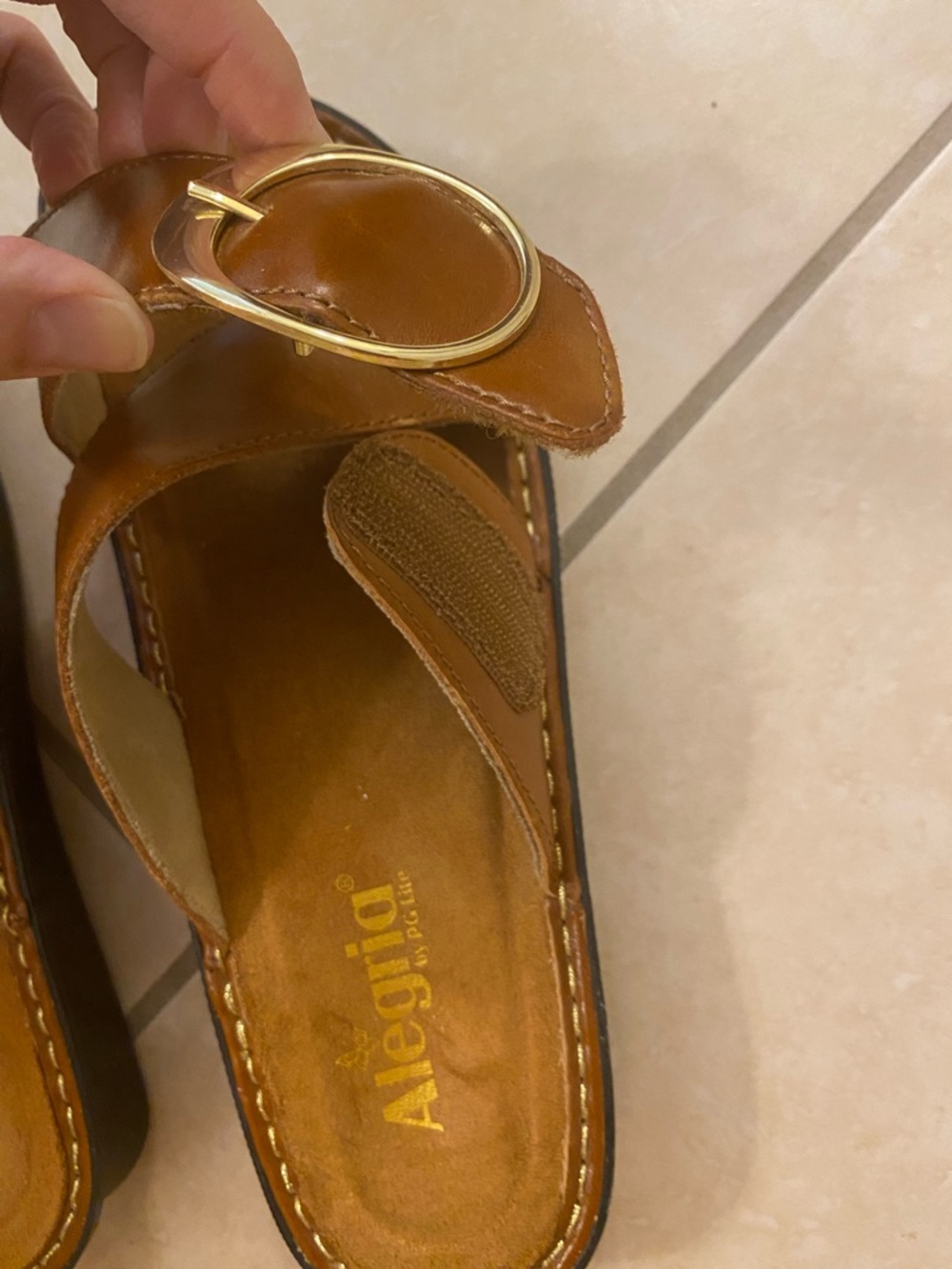 Alegria Brown Leather Crossover Slide Sandals with Gold Buckle - Picture 7 of 8
